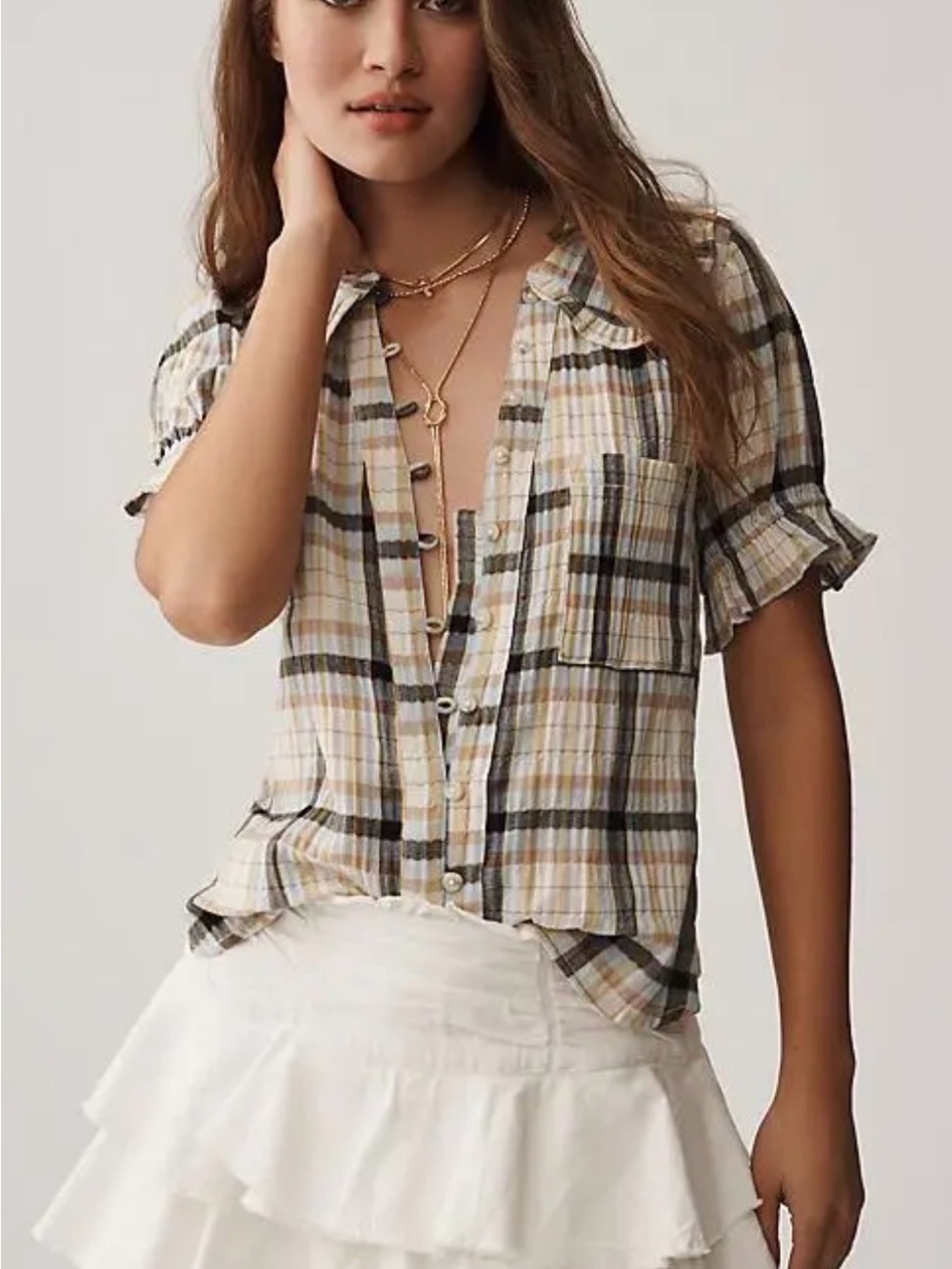 Pilcro Plaid Short-Sleeve Button-Down in Beige, Black and Cream